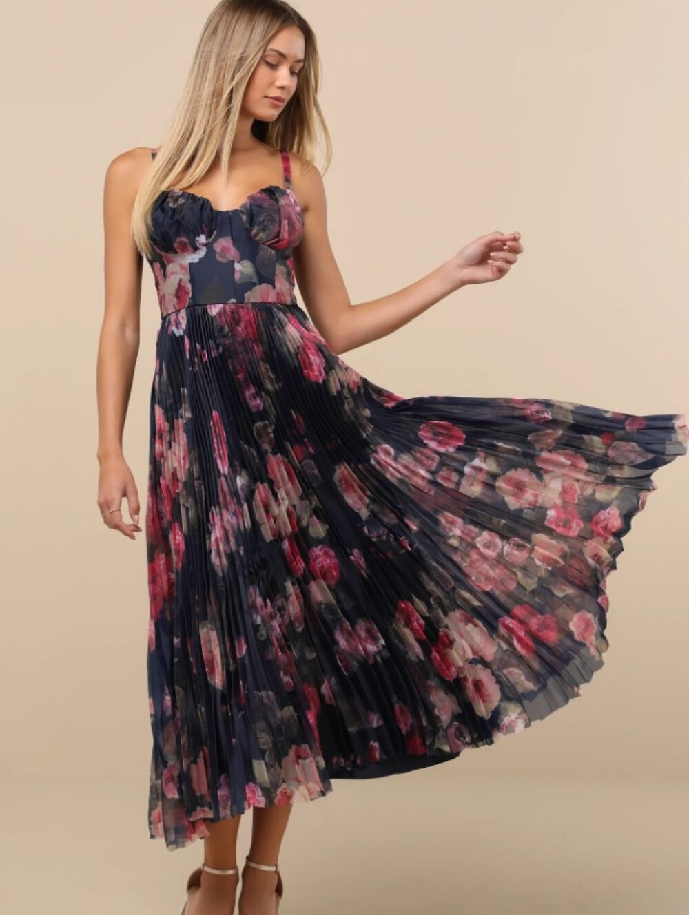 Lulus "Alluring Invite" Midnight Blue Floral Pleated Midi Dress